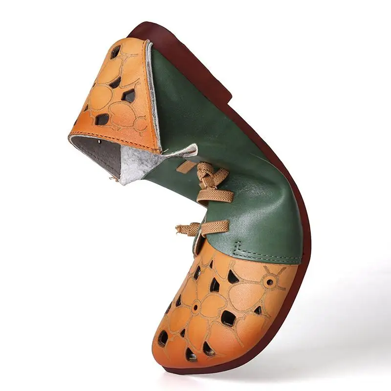 

Women's Single Sandals Spring Autumn Retro British Flower Leather Combination Splicing Colored Princess Striped Wedge Flat Shoes