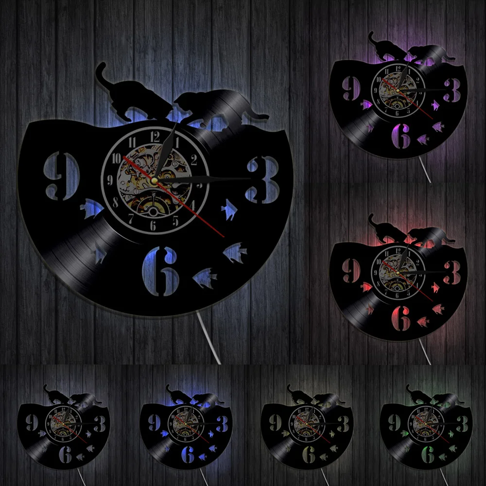 Настенные часы с изображением кошки и рыбы для детской комнаты настенные рыбалки