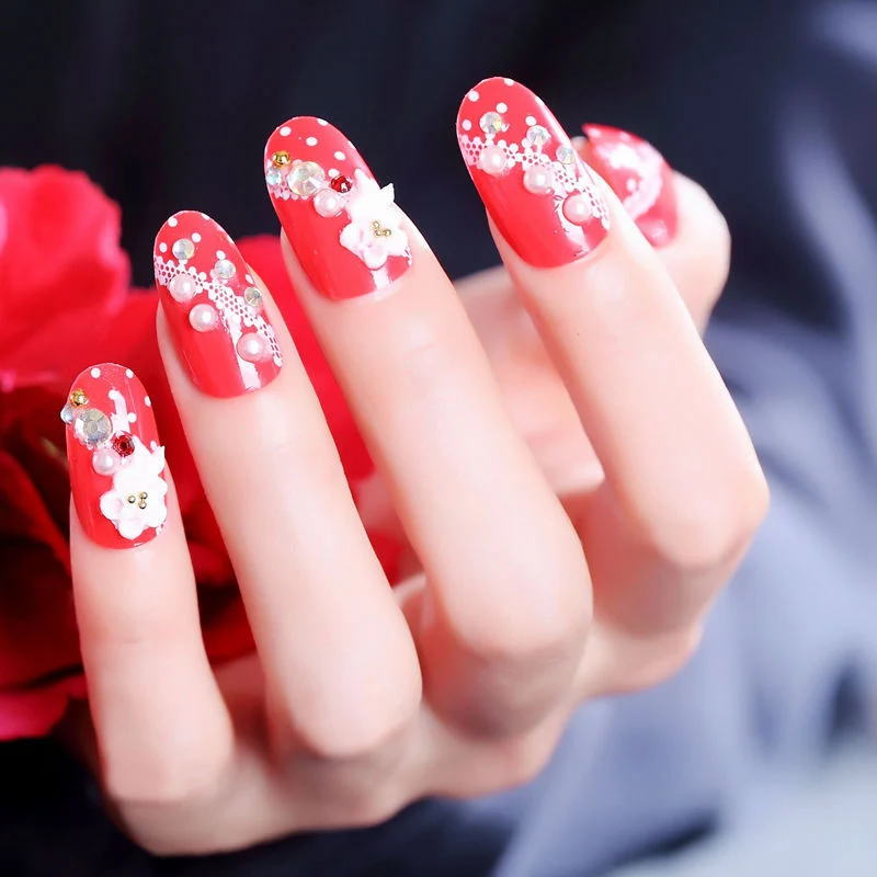 

24pcs Red Fake Nails Bride False Nail Glitter Nail Tips with Glue Nails Art Accessaries STTX889