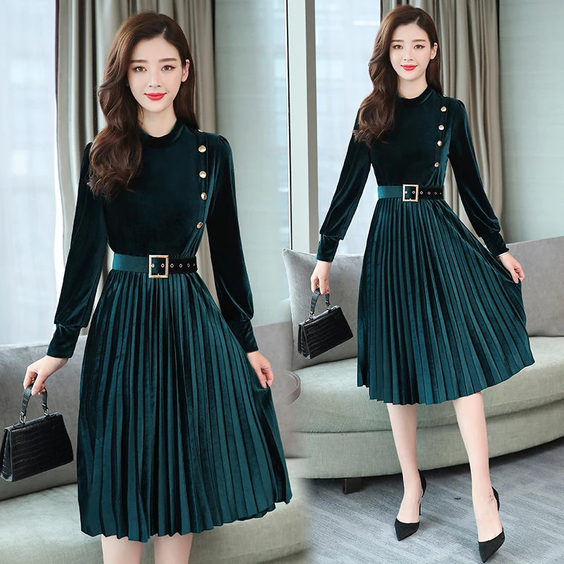 

Autumn Winter Dress Women Vintage Long-Sleeved Pleated Velvet Dress Ladies Elegant Slim A-Line Velvet Party Dress Female Belt