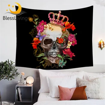 BlessLiving Flower Skull Tapestry Crowned Sugar Skull Floral Tapestries Rose Art Wall Hanging Teenage Tape 150x200cm Bedspreads 1