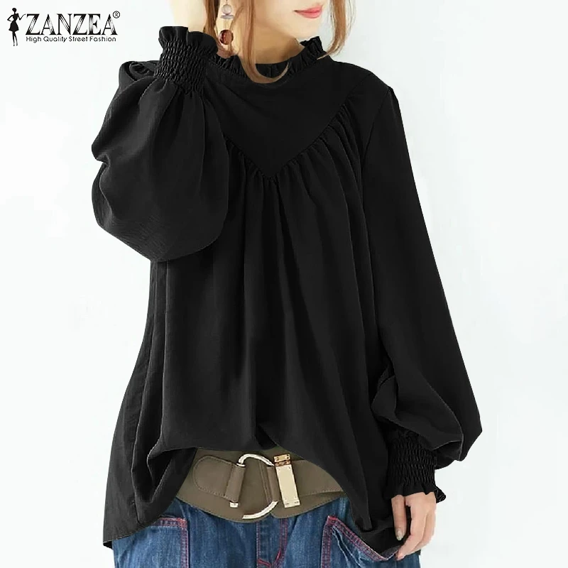 ZANZEA 2022 Women Fashion Casual Office Shirt Solid Chemise Femme Clothing Plain Ruffles Work Blusa Autumn Puff Sleeve Blouse