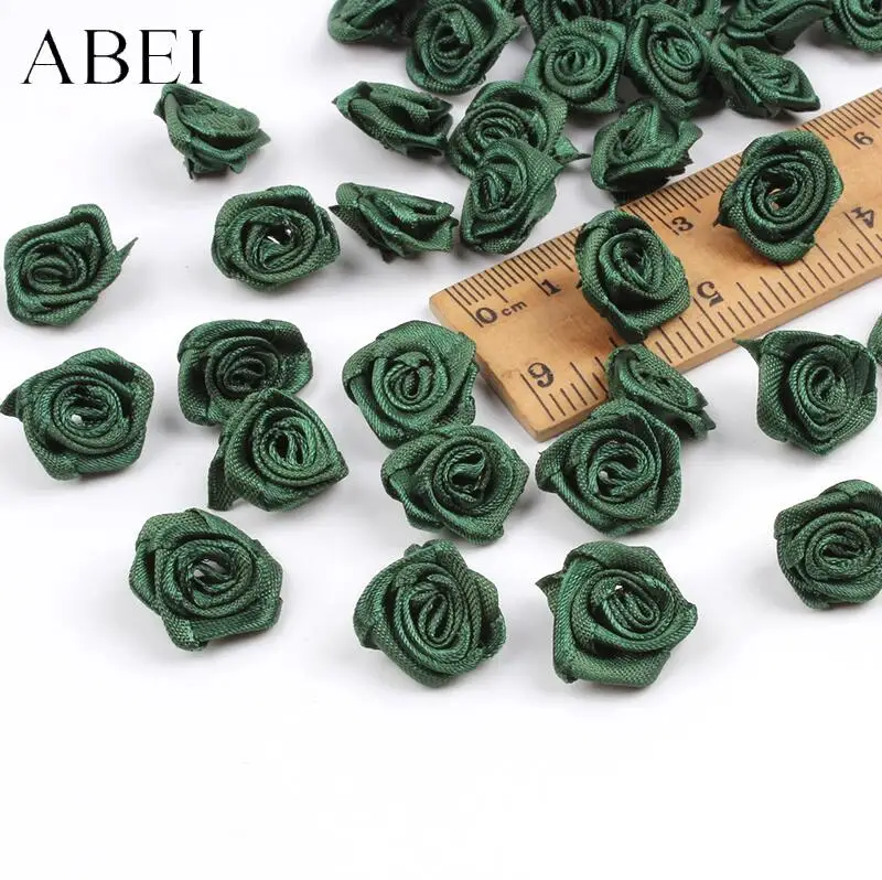 Navy Green 300 шт 15 мм смешанные цвета маленькая Роза цветок Мини атласная лента ручной работы голова розы свадебные скрапбукинг украшения Одежда Аксессуары - Цвет: Navy Green