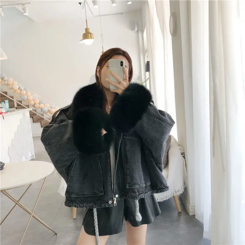 Модная утепленная женская джинсовая куртка в Корейском стиле зима 2020 длинные