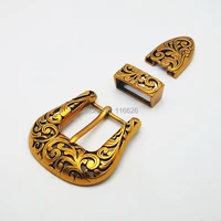 diy leather craft golden color 3pcsset floral embossed 35mm inner width belt pin buckle