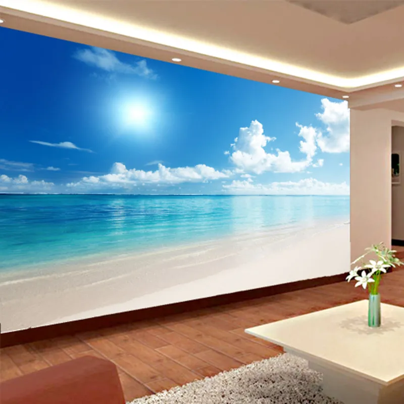 

Custom Mural Wallpaper 3D Ocean View Blue Sky And Clouds Beach Living Room Bedroom Wall Covering Wallpaper Papel De Parede 3D