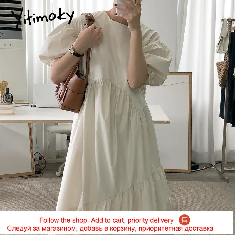 

Yitimoky Irregular High Waist Maxi Dress for Women 2021 Puff Short Sleeve O-Neck Loose Unicolor Summer Korean Clothes New Blue