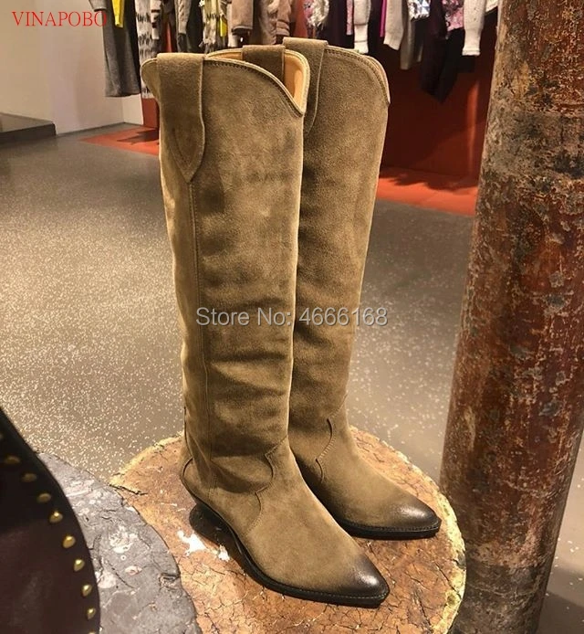 Женские ковбойские сапоги до колена черные из натуральной кожи с острым носком