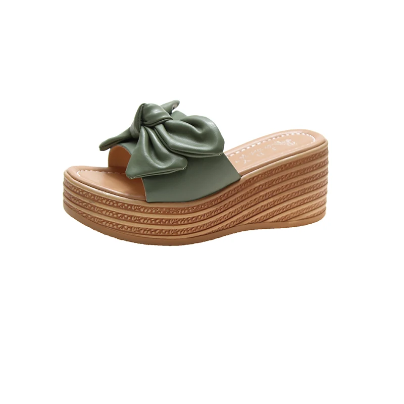 

Butterfly-Knot House Slippers Platform High-Heeled Shoes Lady Slides Fashion On A Wedge Slipers Women Soft Summer Luxury 2021 Bu