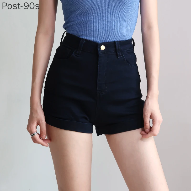 

Women's White Black Solid High Waist Jeans Shorts Elastic Waist Vintage Harajuku Biker Sports Cycling Denim Shorts Summer 2021