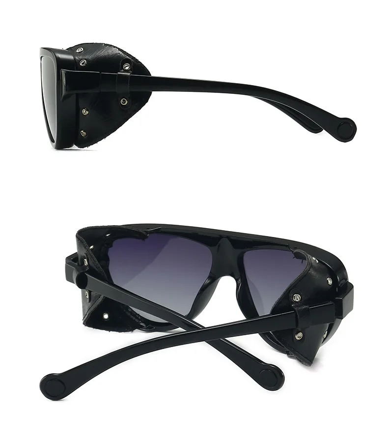 Steampunk Black Pu Leather Frame Polarized Sunglasses For Men Vintage Luxury Brand Round Punk Sun Glasses Women Chic Eyewear New