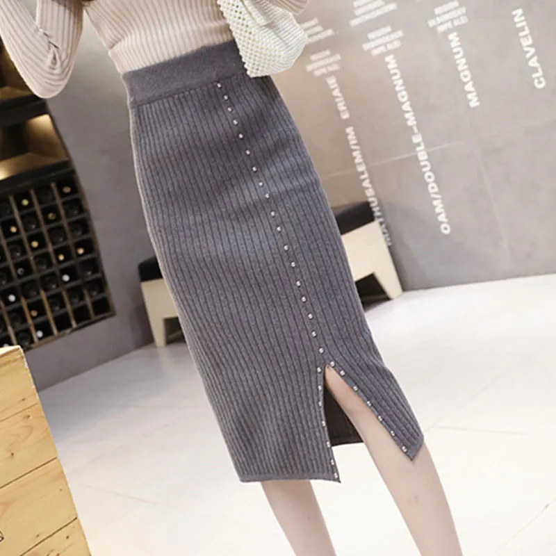 

Autumn Winter Women Split Beading Knitted Skirt Elastic High Waist Thicken Pencil Skirts Female Slim Bodycon Long Skirt AB2036