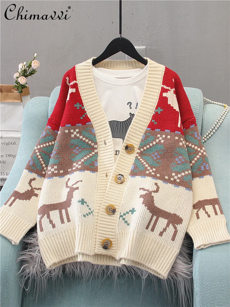 

Christmas Sweater 2021 Autumn Winter Long Sleeve Casual Jacket with Buttons Female Korea Loose Luxury Knitted Thickened Cardigan