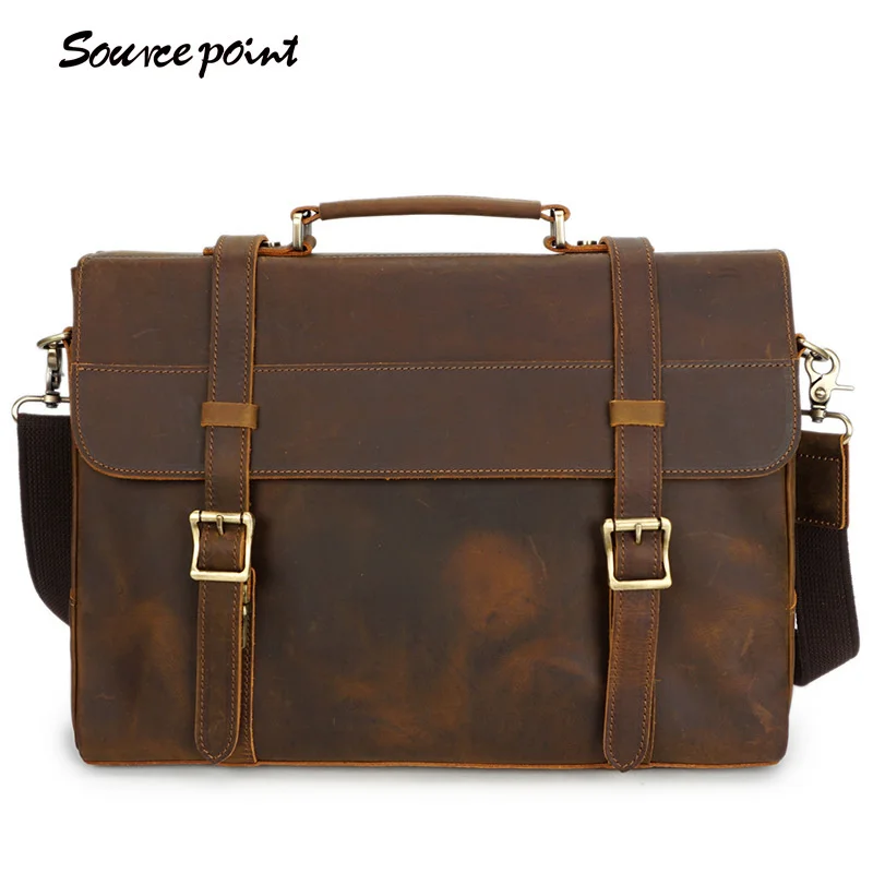 

Men's Retro Bags Crazy Horse Leather Men Briefcase Laptop Bag For 14 Inch Male Business Shoulder Meth Handbags Large Capacity