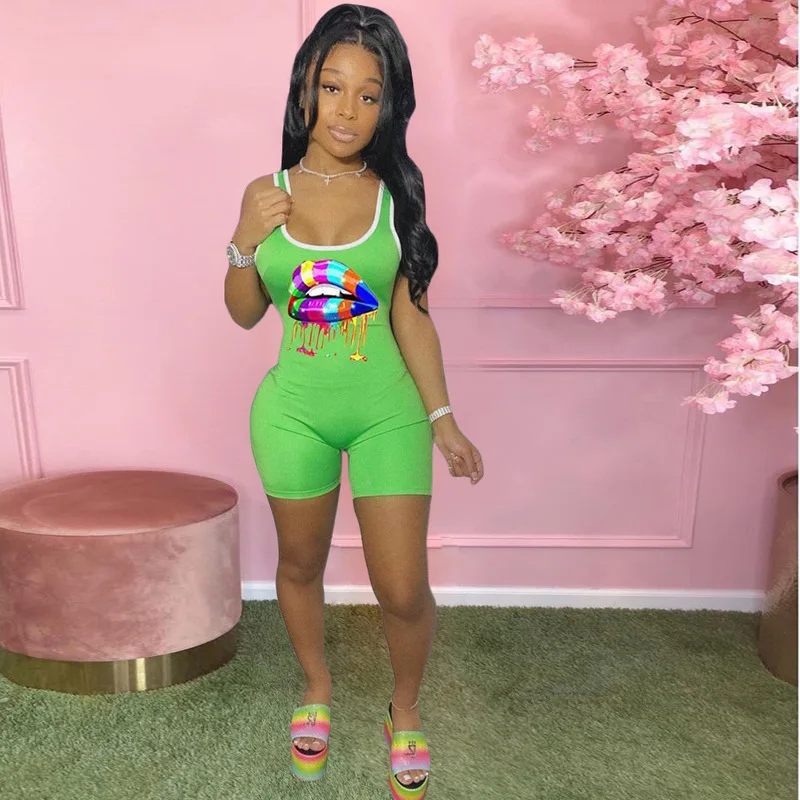 

Summer Hot New Plus Size Women's Lips Leisure Jumpsuits Sexy Bodycon Sleeveless Bodysuit Playsuits