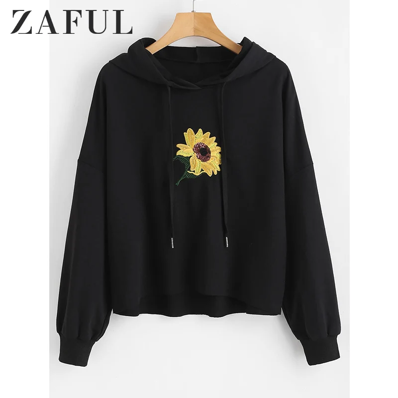 ZAFUL толстовка с цветочной вышивкой и пайетками открытыми плечами цветочным