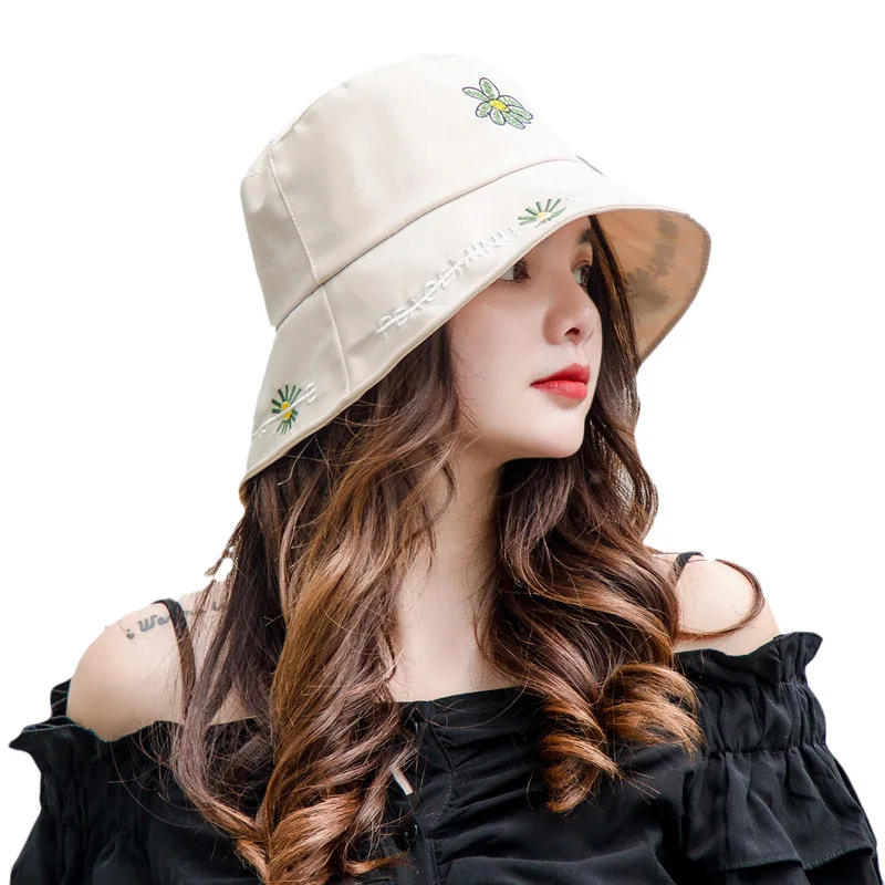 

New Cotton Women Caps Embroideryt Summer Shade Sunscreen Outdoor Travel Leisure Daisy Fisherman Hat Sun Hat