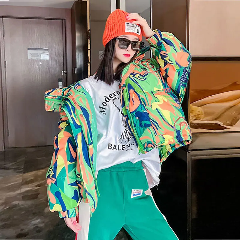 Fashion Printed Graffiti Women's Jacket Warm Winter Short Hooded Parka 2021 New Girls Coat Casual Loose Thick Female Down Jacket