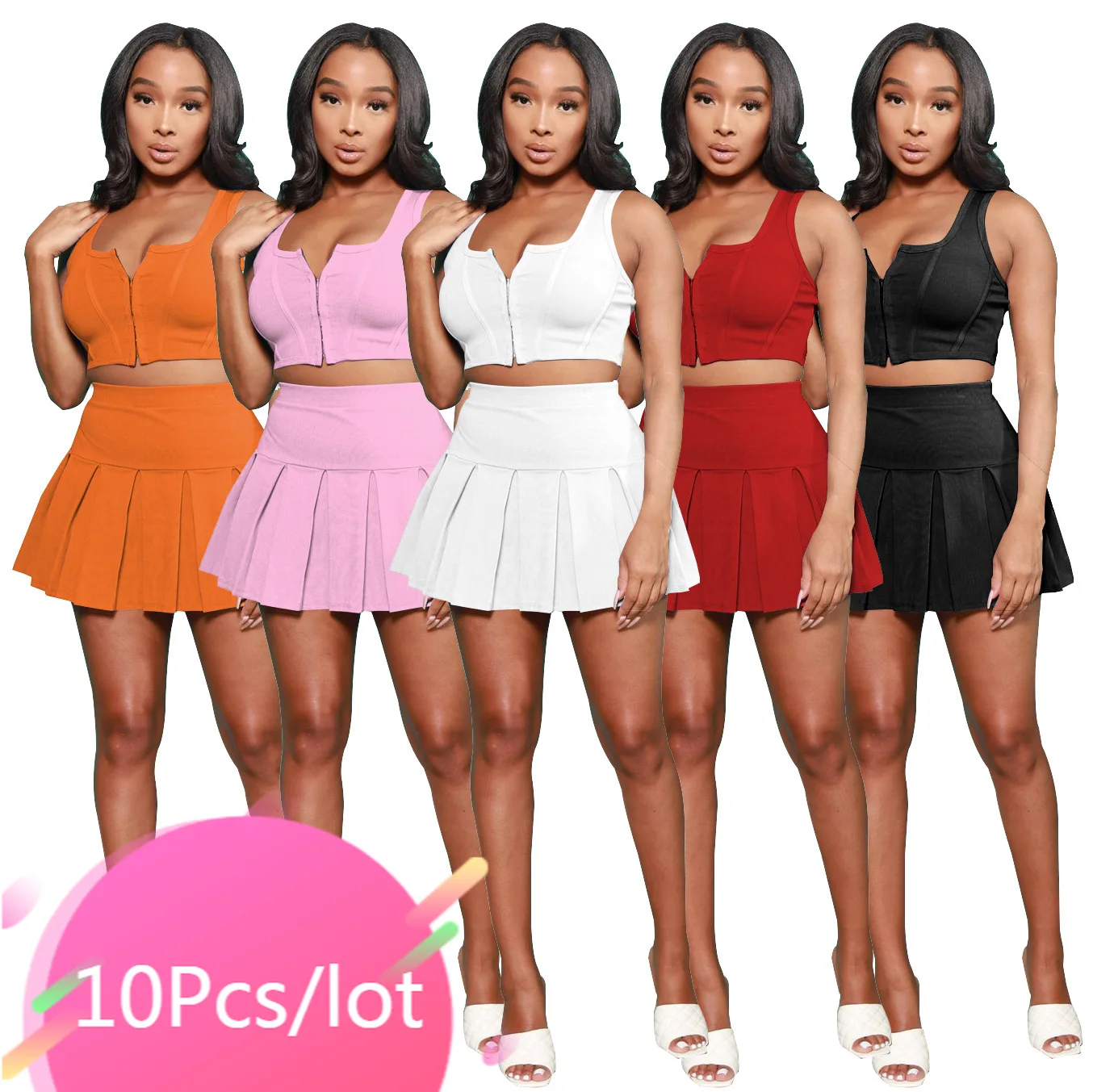 

Bulk Items Wholesale Lots Two Piece Skirt Sets Women Front Zipper Crop Top and Pleasted Mini Skirt Summer Fashion Streetwear
