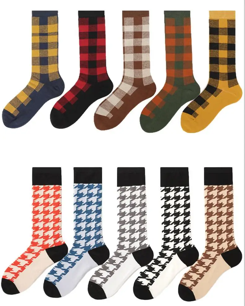 Cotton Houndstooth Crew Socks for Women 5 Pairs/ Lot Plaid Sock Striped Letters Print Knee-high Warm Thick Winter Socks