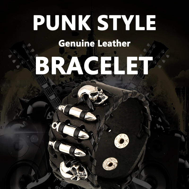 

Women Men Genuine Leather Bracelets Punk Rock Style Skull Head Bullet Charm Wide Cuff Bangle Bracelet Wristband Vintage Jewelry