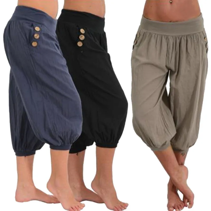

HEFLASHOR 2021 Women Summer Solid Harem Pants Loose Knee Length Trousers Female Soft Elastic Waist Capris Pants Plus Size 5XL