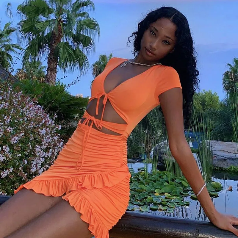 Женское мини-платье с V-образным вырезом без рукавов | Женская одежда