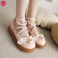 women sweet bow platform mary janes shoes string bead heart shaped buckle strap school pumps lady autumn cute japanese cosplay