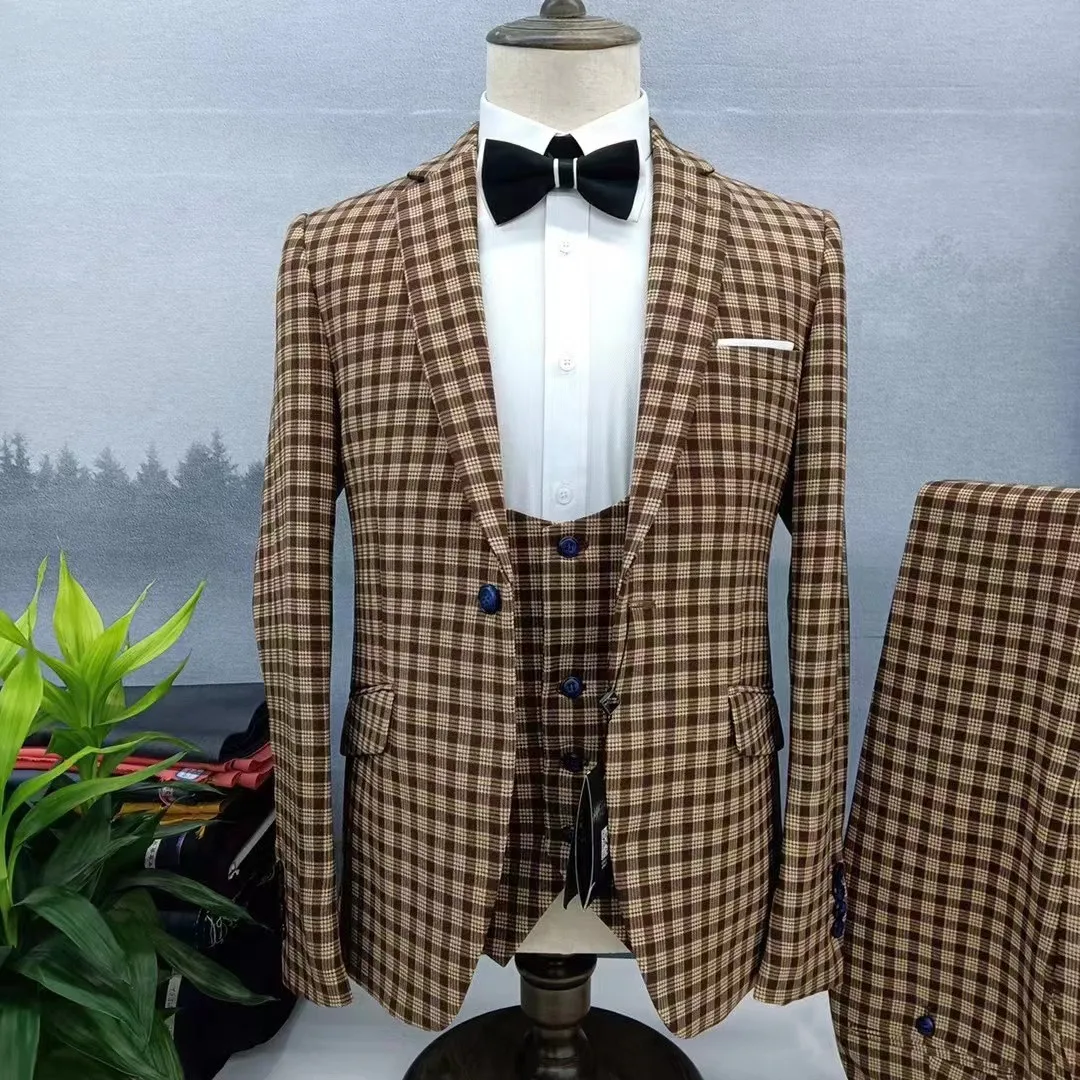 

2022 Custom fashion Brown Plaid wedding suits for men formal groom slim fit Beige man suit tuxedo classic male jacket+vest+pants
