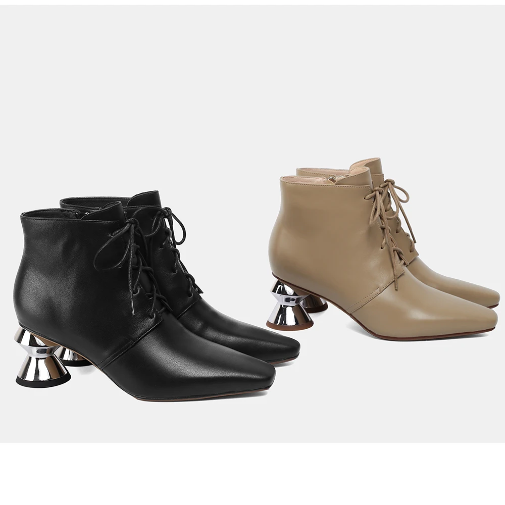 Harga Aliona Shoo Sepatu Bot Pergelangan Kaki Kulit Asli Sepatu Hak Tinggi Wanita Musim Gugur Hak Aneh Sepatu Bot Berenda Ujung Persegi Wanita Modis