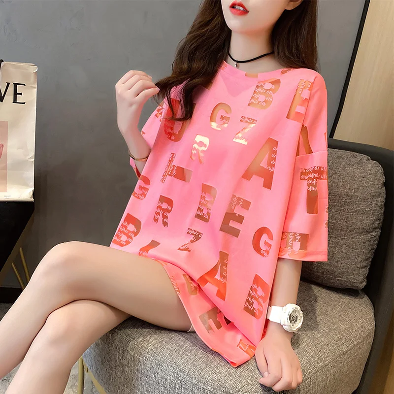 

Summer Women Full Letters Hollow Out T-Shirts Yellow Pink Long Tshirt Female Loose O Neck Harajuku Streetwear T-shirt Sexy Tops