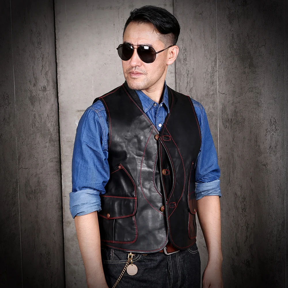 

2021 Black Japan Casual Style Genuine Leather Vest Men Large Size 4XL Real Natural Horsehide Spring Slim Fit Short Coat