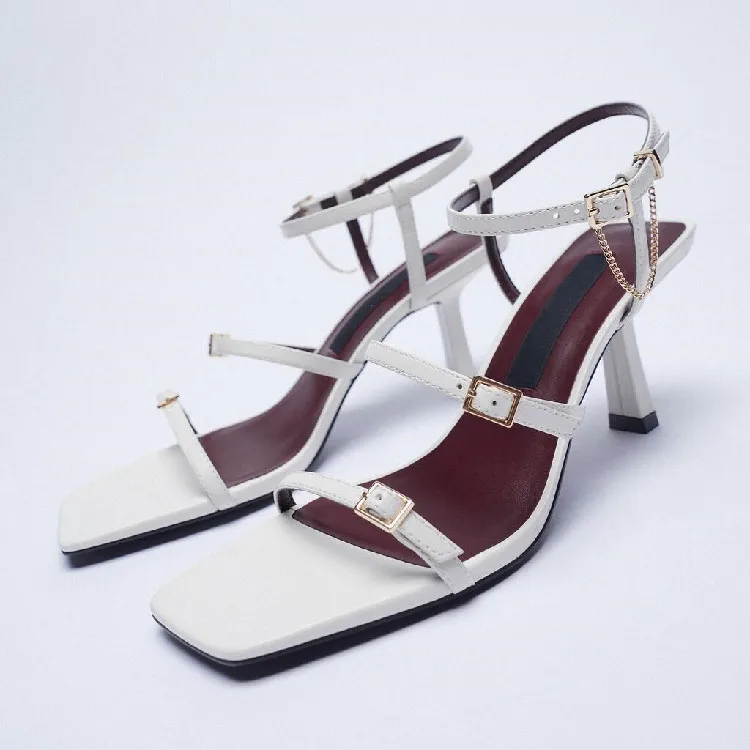 

Thin strap open toe buckle Roman white sandals women 2021 chain stiletto square toe high heels