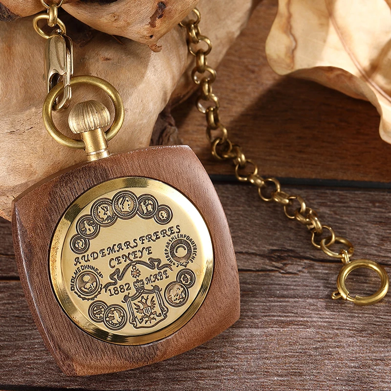 Real Wooden Mechanical Pocket Watch for Men Antique Golden Square Back Case Gold Back Engraved Wood Fob Chain Clock Dropshipping
