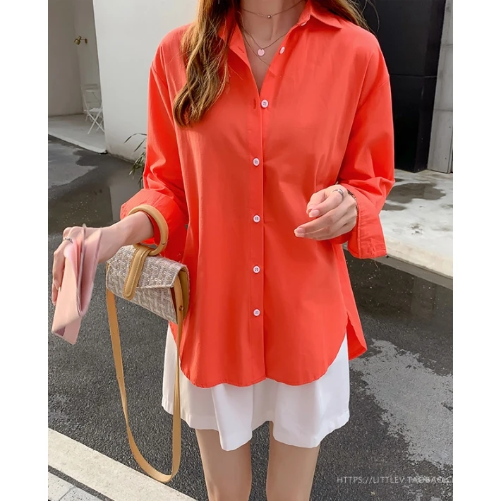 

Houthion The New Korean Version Comfortable Leisure Simple Turn-down Collar Solid Slim Loose Long Sleeve Women Blouse
