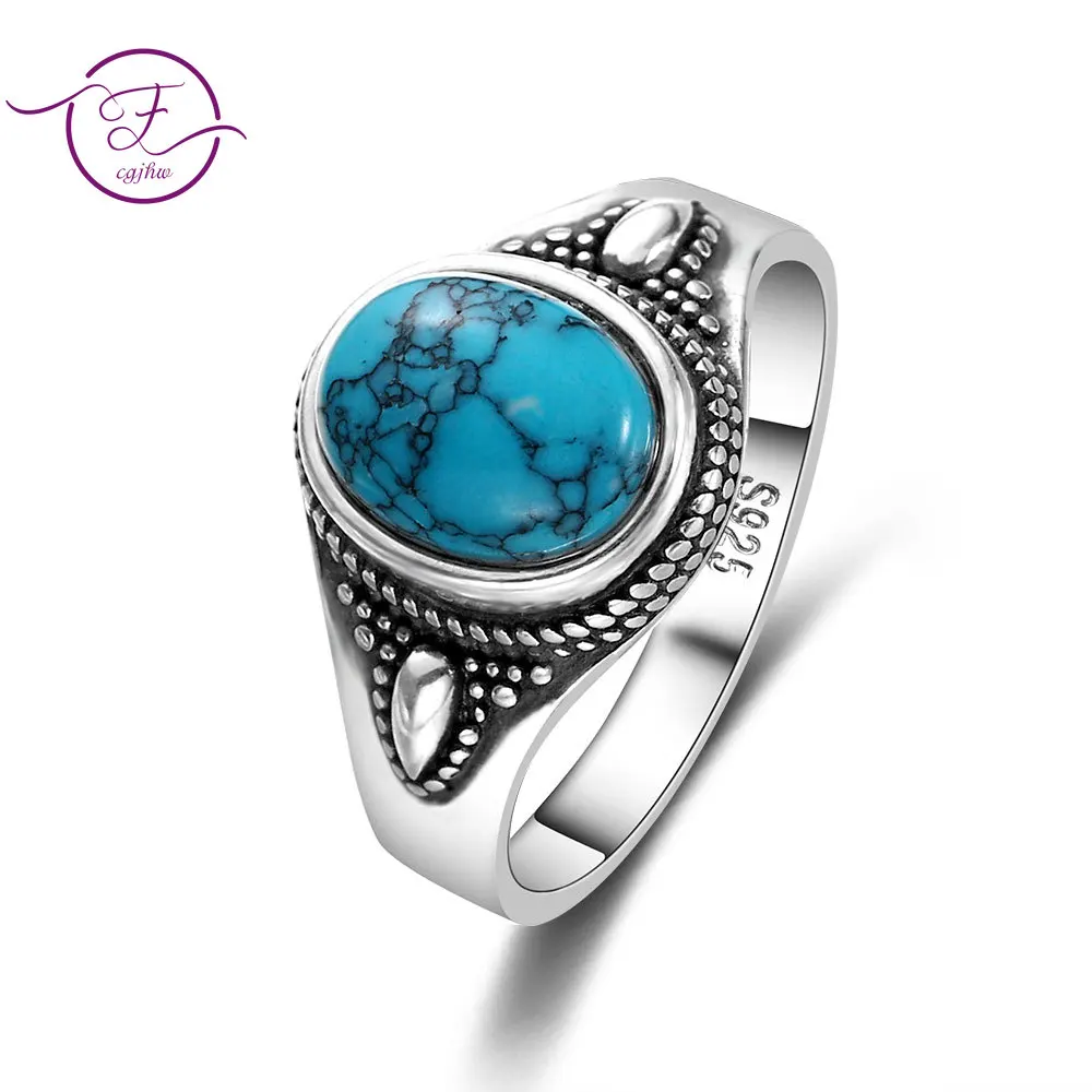 

925 Sterling Silver Natural Turquoise Engagement Rings for Women Men Vintage Fine Jewelry Hot Sale Party Ring Gift