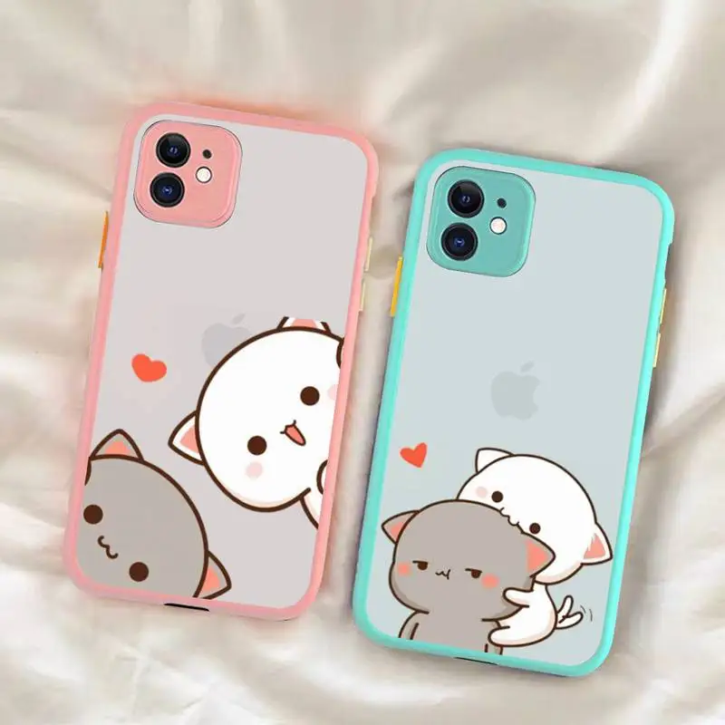 

FHNBLJ Mochi Peach Goma Cat Phone Case for iPhone X XR XS 7 8 Plus 11 12 13 pro MAX 13mini Translucent Matte Shockproof Case