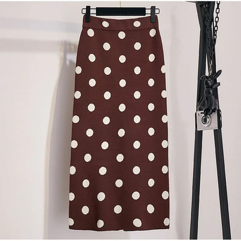 Women's Polka Dot Knit Skirt Autumn Winter Female Korean High Waist Split Step Skirt Thick Knit Long Skirt Hip Skirt New ML279