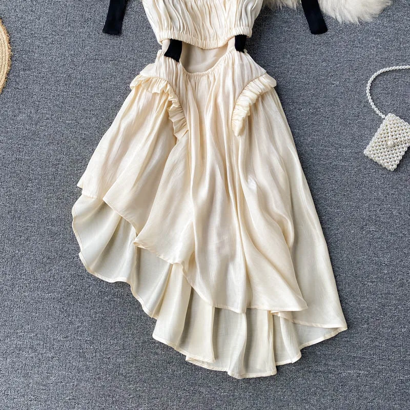 

Summer Women Beige Irregular Spaghetti Strap Dress Sexy Hollow Out High Waist Ruffle Party Vestidos Female Elegant 2021 Fashion