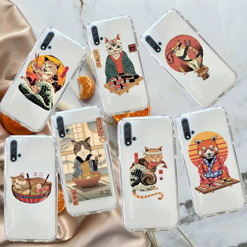 

Neko Ramen Japan Cat Anime Phone Case Transparent for Huawei honor P mate 40 20 30 10 50 i 9 x mate pro lite 8a