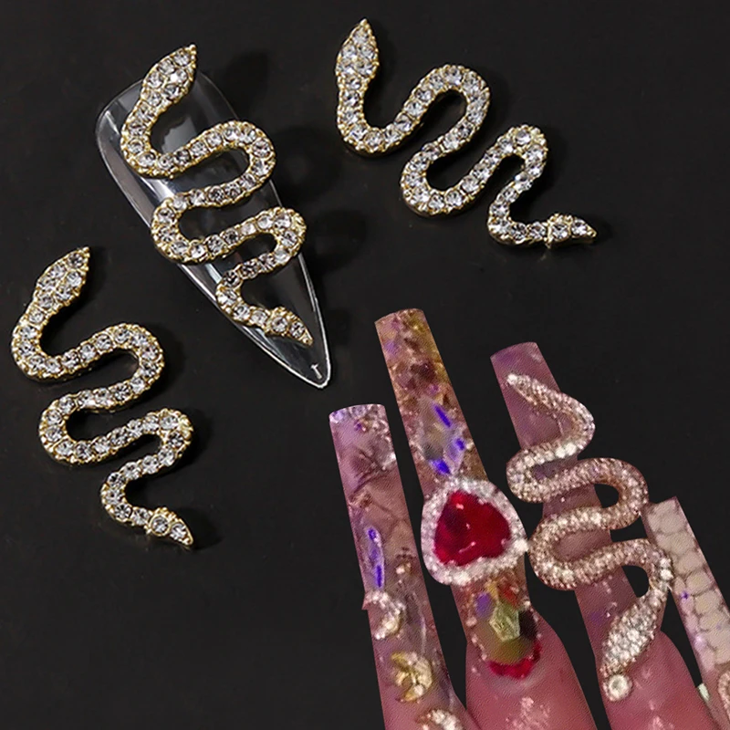 

3D Snake Shape Nail Charms Oversized Gold Silver Snake Design Rhinestones Luxury Glitter Alloy Acrylic Nails Art Decoration