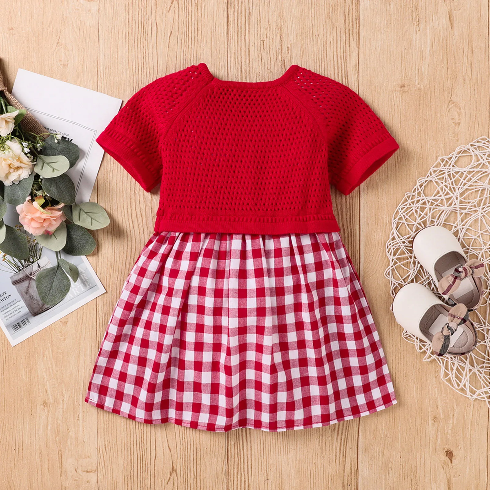 Летнее платье для маленьких девочек вязаные клетчатые лоскутные платья пляжное