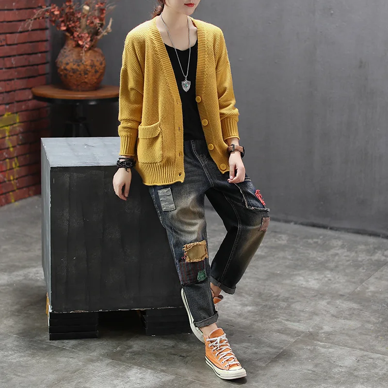 Осенние джинсы женские Ретро Свободные повседневные джинсовые брюки с