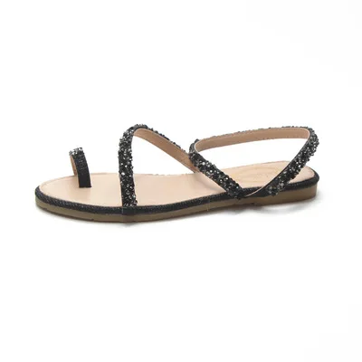 

2021 summer flat with rhinestone toe slip Korean beach sandals female