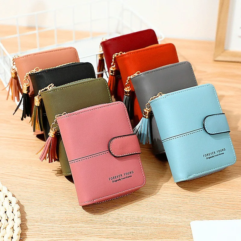 

Fashion Women Tassel Short Clutch Letter Zipper Coin Purse Design Leather Carteira Small Wallets Female Solid Color Card Bag PU