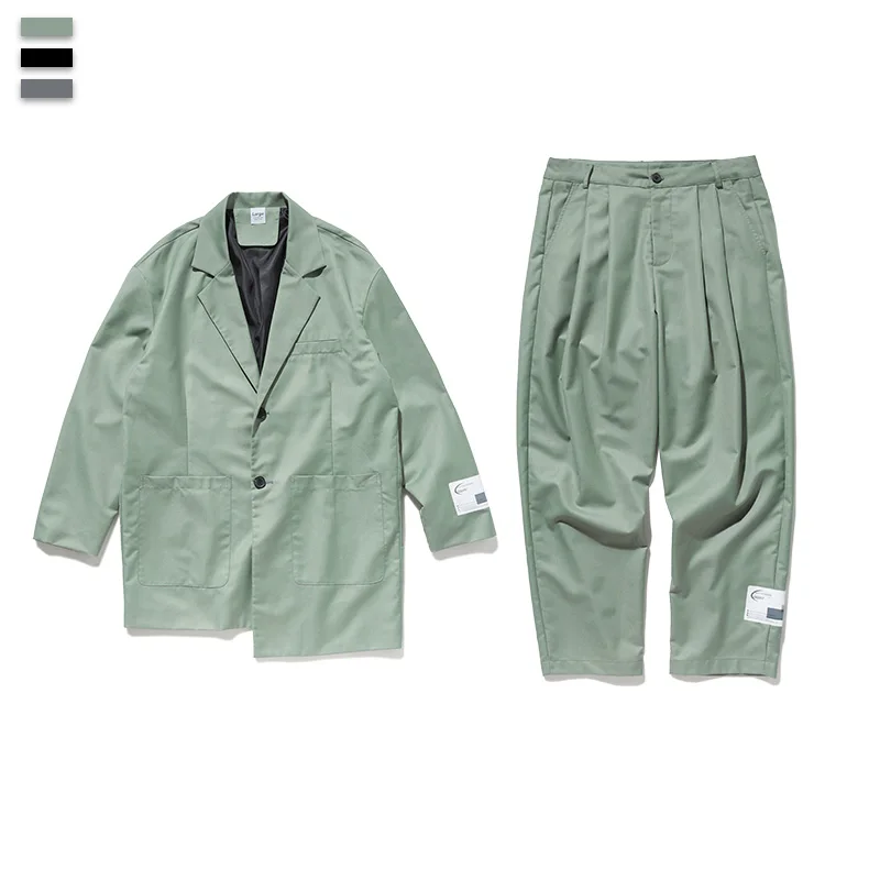 Gray-green set UNCLEDONJM комплект из 2 предметов для мужчин, хип-хоп, мужской повседневный Блейзер, большой размер, Мужской Блейзер и брюки, удлиненный дизайн, мужские костюмы, A45/A46 - Цвет: Gray-green set