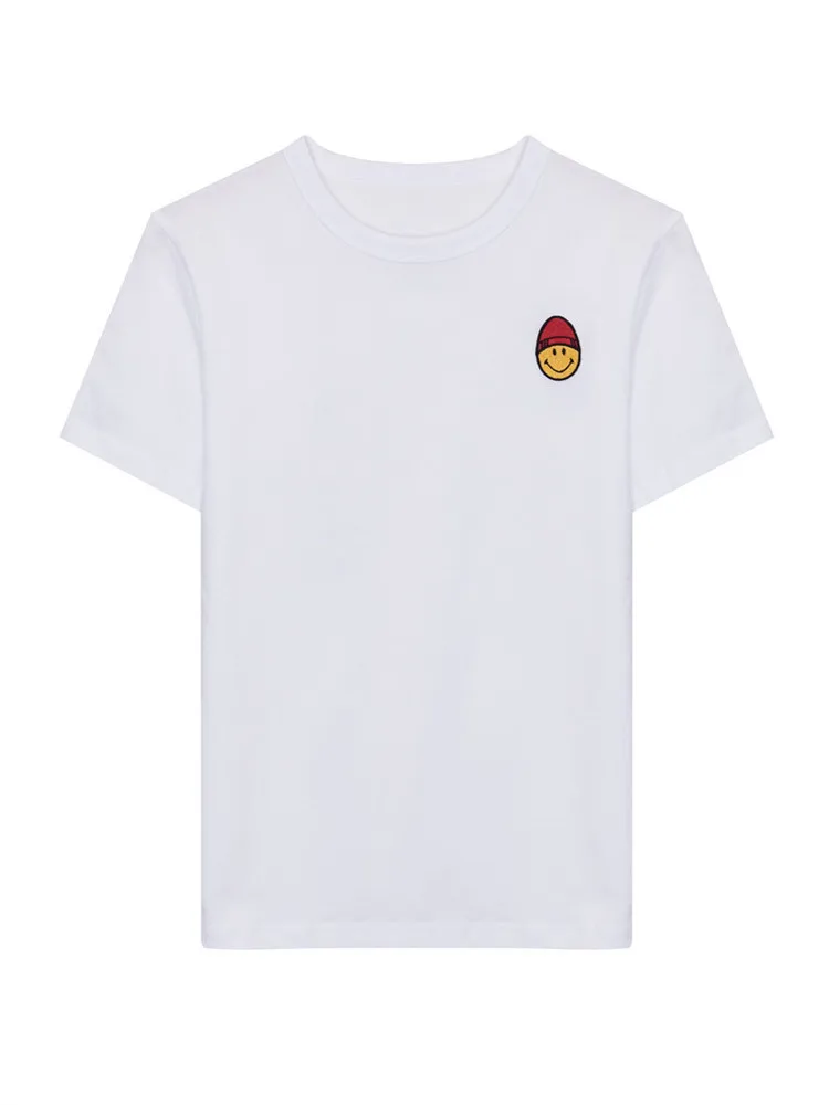 

New Women Summer White Slim O-Neck Cotton Smiley Embroidery T-Shirt Female Fashion Plus Size Tees Ladies Brand Casual Tops ZM270