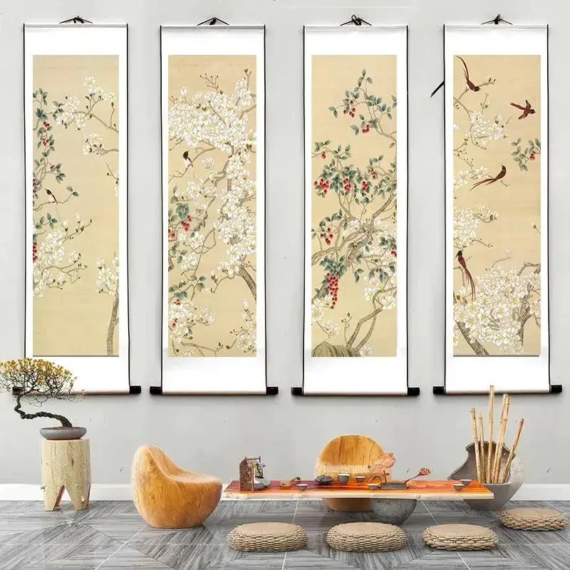 

4pcs Chinese Style Birds Flower Painting Poster Wall Art Canvas Painting Home Office Decor Hanging Scroll Painting Living Room