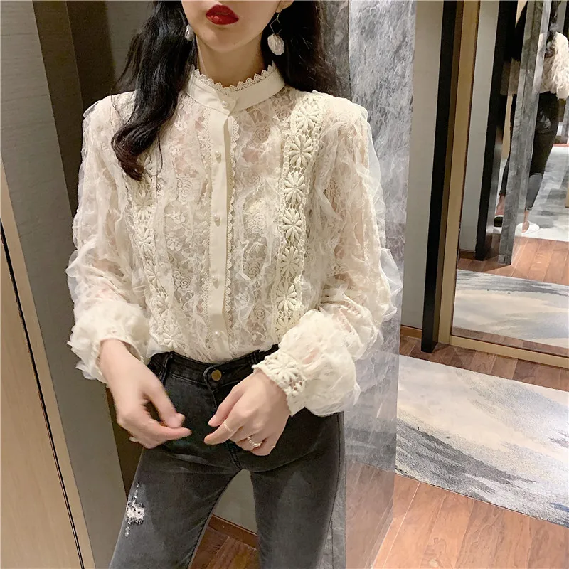

Perspective Stand Women Blouses Korean Style Sweet Ladies Tops Fashion Brand Lace Shirts Blusas Mujer De Moda Hollow Out New