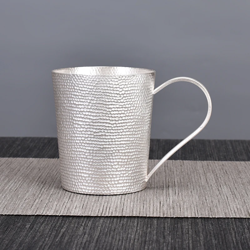 

Ag999 Sterling Silver Handmade Hammer Pattern Mug For Tea Large Beer Coffee Cup With Handgrip